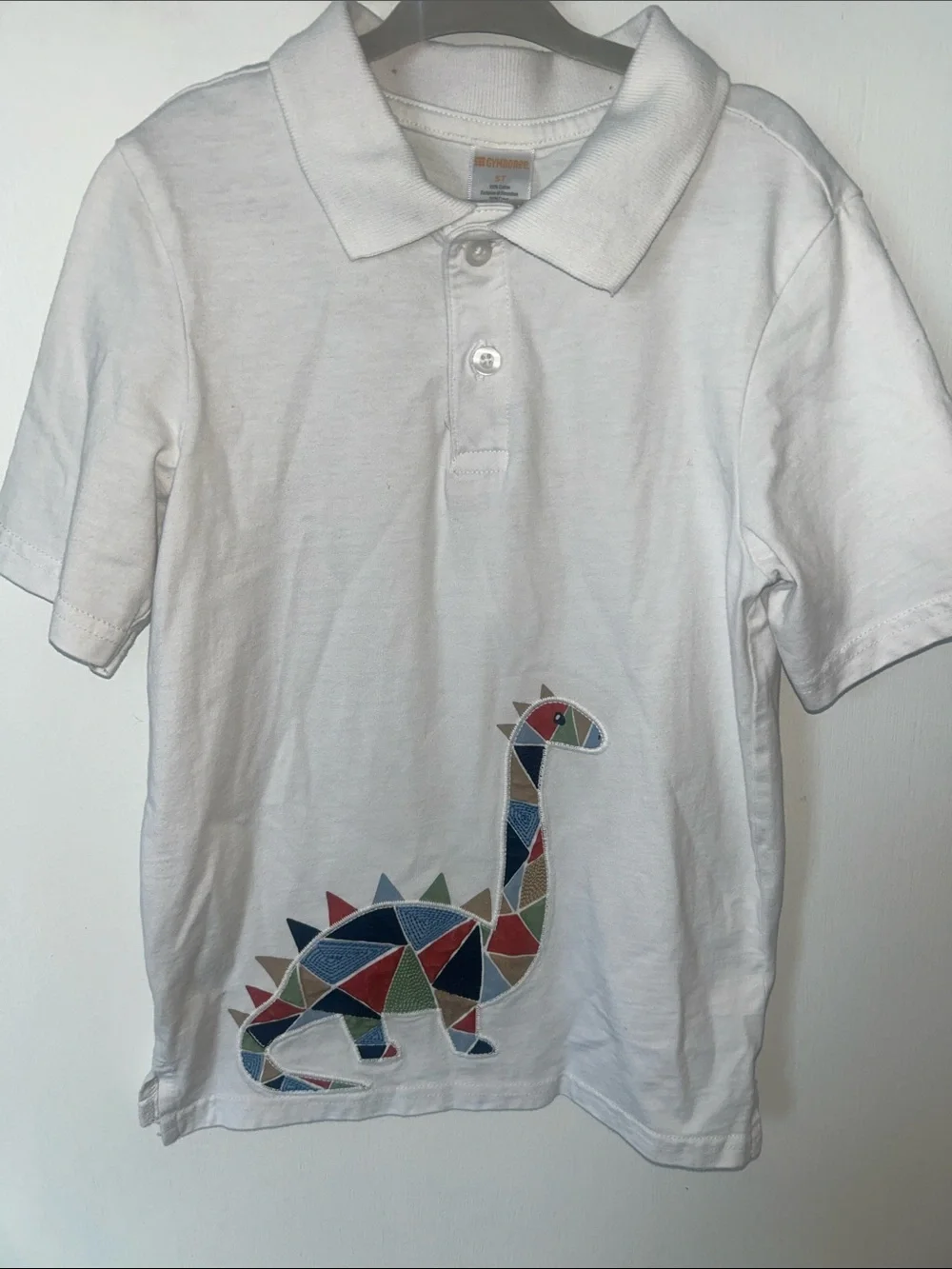 Kids White Polo Shirt with Colorful Dino Patch - size 5T